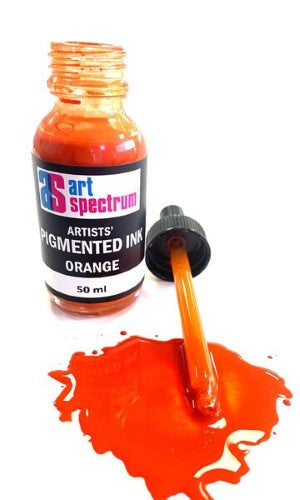 Vibrant 50ml orange pigmented ink, ideal for artists, featuring fast drying, lightfast, and non-toxic qualities.