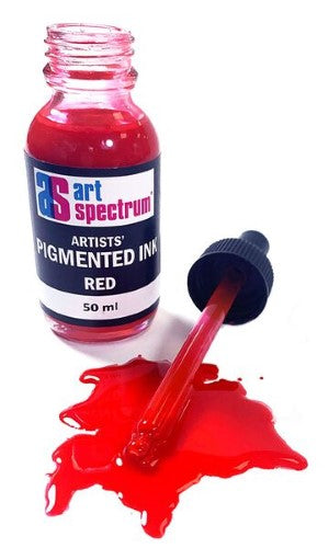Vibrant 50ml red pigmented ink in a glass bottle, ideal for artists seeking high-quality, versatile, and durable ink solutions.