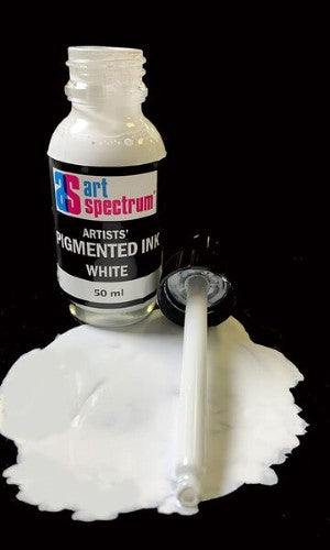 50ml bottle of white pigmented ink, ideal for artists, featuring rich pigmentation and a convenient pipette for easy application.