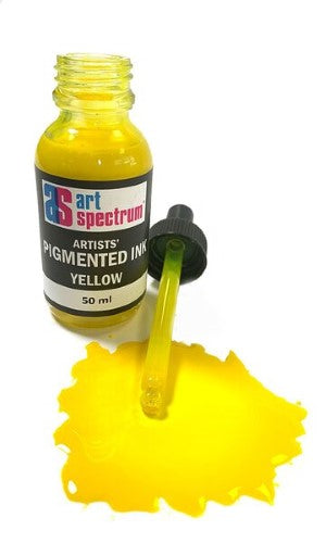 Vibrant yellow acrylic pigmented ink in a 50ml glass bottle, perfect for artists seeking versatility and intense color.