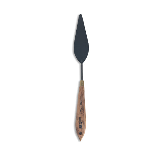 A flexible painting knife with a carbon steel blade and ergonomic olive wood handle, ideal for oil and acrylic techniques.