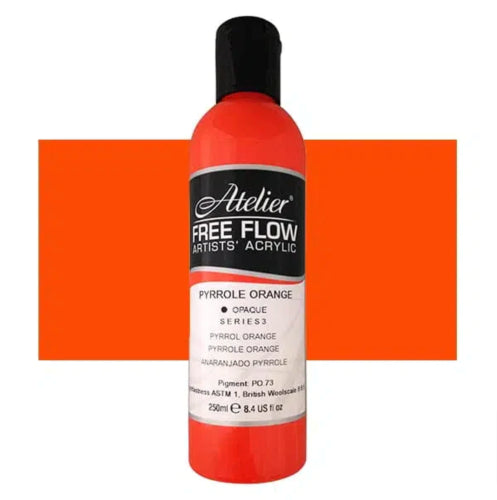 Atelier Free Flow Acrylic Paint in Pyrrole Orange, 250ml, offers vibrant, fluid color with excellent mixing and layering capabilities.