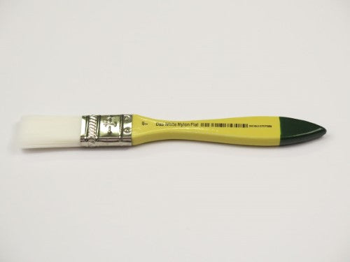 White nylon flat artist brush, 1", ideal for smooth strokes and vibrant color application in acrylic and oil painting.
