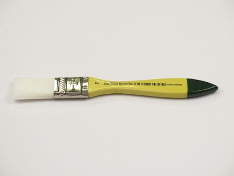 White nylon flat artist brush, 1", ideal for smooth strokes and vibrant color application in acrylic and oil painting.