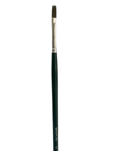 Flat artist brush with greenish-gray filaments, aluminum ferrule, and polished long handle for versatile painting.