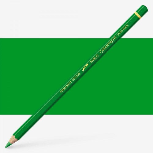 Caran d'Ache Pablo Grass Green artist pencil showcasing vibrant color, quality design, and eco-friendly Swiss craftsmanship.