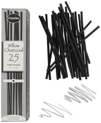 Thin Coates Willow Charcoal sticks (2-3mm) ideal for rich lines, smooth blending, and intricate sketches, perfect for artists.