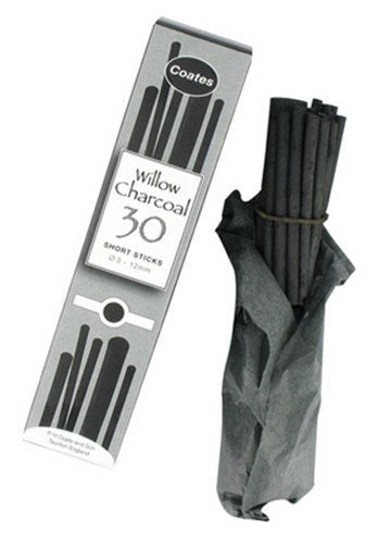 Coates Willow Charcoal Short Lengths (30), premium artist charcoal for drawing, sketching, and shading with rich, deep blacks.