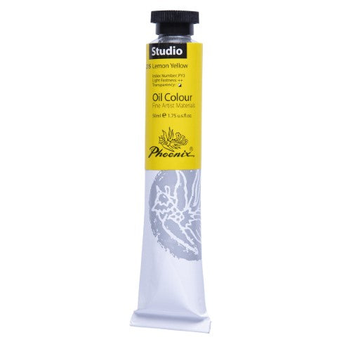 Vibrant 50ml lemon yellow oil paint by Phoenix Oil, ideal for artists seeking smooth application and excellent color saturation.
