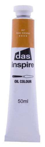 50ml tube of Das Inspire Oil Paint in Raw Sienna, perfect for artists seeking smooth blending and vibrant, lightfast color.