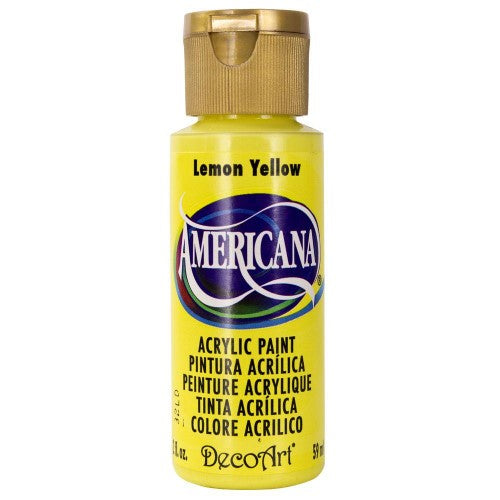 Vibrant Americana Acrylic 2oz Lemon Yellow paint for versatile art projects on multiple surfaces, offering superior coverage and easy cleanup.