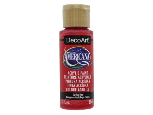 Vibrant 2oz Calico Red Americana Acrylic paint, perfect for artists and crafters on various surfaces, fast-drying, and easy to clean.