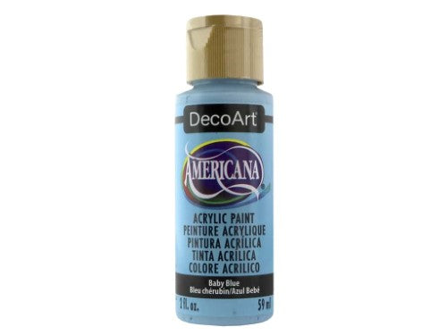 Americana Acrylic 2oz Baby Blue paint in a bottle, ideal for vibrant art projects on various surfaces with a matte finish.