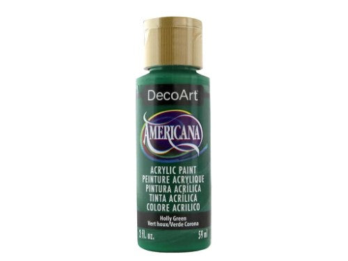 Vibrant 2oz Americana Acrylic paint in Holly Green, perfect for various surfaces and creative projects with a durable matte finish.