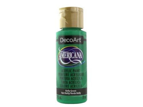 Americana Acrylic 2oz in vibrant Kelly Green, perfect for arts and crafts with superior coverage and quick-drying properties.