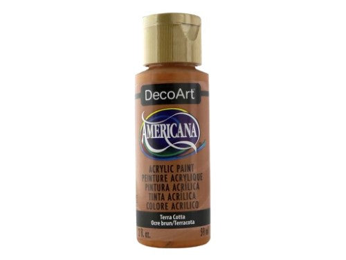 Americana Acrylic 2oz Terra Cotta paint in rich hue, perfect for diverse art projects on various surfaces.
