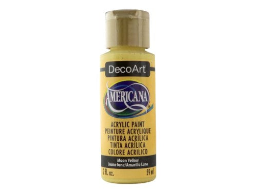 Vibrant Americana Acrylic 2oz Moon Yellow paint, perfect for blending on various surfaces, ideal for artists and crafters.