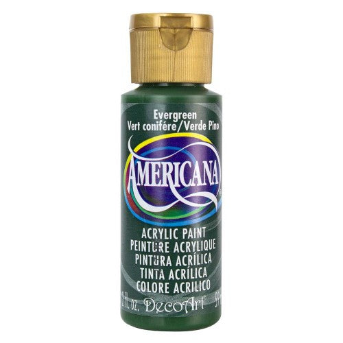 Vibrant Americana Acrylic 2oz Evergreen paint, perfect for artists and crafters on various surfaces with a matte finish.