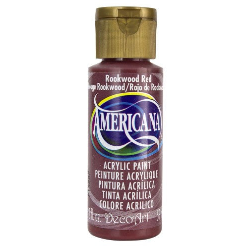 Americana Acrylic 2oz in Rockwood Red, a versatile paint for vibrant art on various surfaces, offering rich color and easy cleanup.