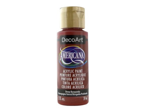 Americana Acrylic 2oz Deep Burgundy paint, ideal for vibrant art, offers light-fast pigments and a smooth matte finish.