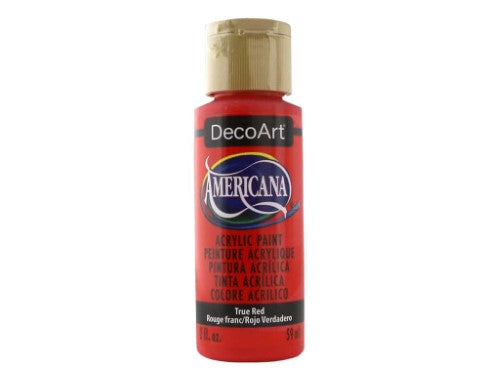 Vibrant Americana Acrylic 2oz True Red paint, ideal for versatile art projects on various surfaces with easy clean-up.