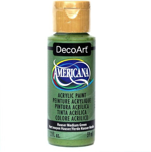 Americana Acrylic 2oz Medium Hauser Green paint bottle showcasing vibrant color, ideal for art, crafts, and home decor projects.