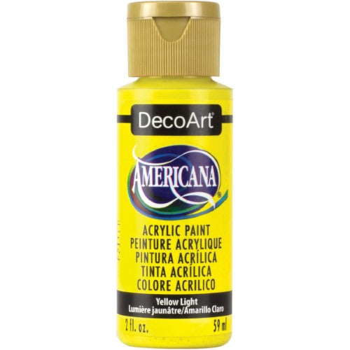 Vibrant Americana Acrylic paint in Yellow Light, perfect for various surfaces with a matte finish and easy cleanup.