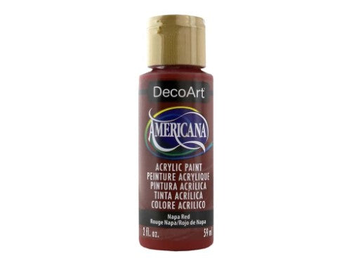 Americana Acrylic 2oz Napa Red paint in rich red hue, perfect for various art and crafting projects with smooth application.