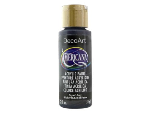 Americana Acrylics 2oz in Paynes Grey, versatile paint for artists, ensures easy blending and durable matte finish on various surfaces.