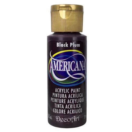 A 2oz bottle of Americana Acrylic paint in Black Plum, ideal for versatile art and craft projects with superior coverage.