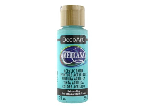 Vibrant Bahama Blue acrylic paint, 2oz, perfect for various surfaces, offering easy blending and a durable matte finish.