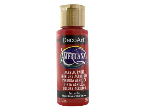A 2oz bottle of Americana Acrylic paint in Tuscan Red, ideal for versatile art and craft projects with a matte finish.