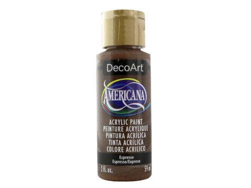 Americana Acrylics 2oz Espresso: deep brown paint for versatile art projects, ideal for blending on various surfaces.