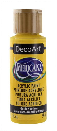 Americana Acrylics 2oz Golden Yellow paint, versatile, vibrant, perfect for various surfaces and creative projects.