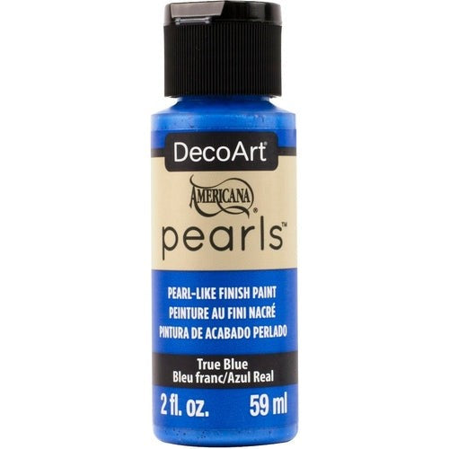 Americana Pearls 2oz True Blue paint, featuring a vibrant hue and pearlescent finish, ideal for various art projects.