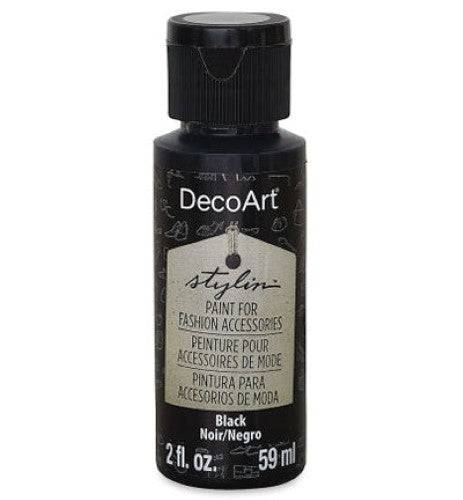 Decoart Stylin 2oz Black paint bottle for versatile fabric projects, ensuring a durable, flexible finish on various surfaces.