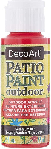 Vibrant 2oz Geranium Red acrylic patio paint for outdoor decor, offering durability and easy application on various surfaces.