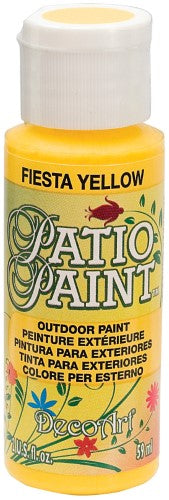 Vibrant 2oz Acrylic Patio Paint in Fiesta Yellow, ideal for outdoor surfaces like wood and concrete, offers durability and easy cleanup.