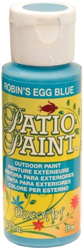 Acrylic Patio Paint in Robins Egg Blue, 2oz bottle for durable, vibrant outdoor surfaces with easy cleanup and scuff resistance.
