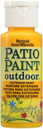 Vibrant 2oz Marigold patio paint, perfect for outdoor furniture and decor with superior adhesion and satin finish.