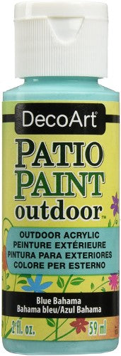 Vibrant 2oz Blue Bahama patio paint for outdoor furniture, offering superior adhesion and easy clean-up for DIY projects.