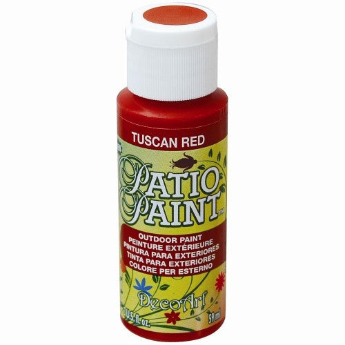 Vibrant Tuscan Red 2oz Patio Paint for durable outdoor projects, ideal for wood and concrete surfaces, with satin finish.