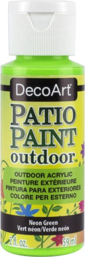Bright neon green patio paint in a 2oz bottle, perfect for vibrant outdoor decor on various surfaces.