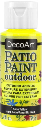 Bright neon yellow acrylic patio paint for vibrant outdoor decor, featuring excellent adhesion and durable satin finish.