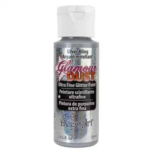 Glamour Dust 2oz Silver Bling bottle featuring ultra-fine glitter paint for adding radiant shimmer to arts and crafts projects.