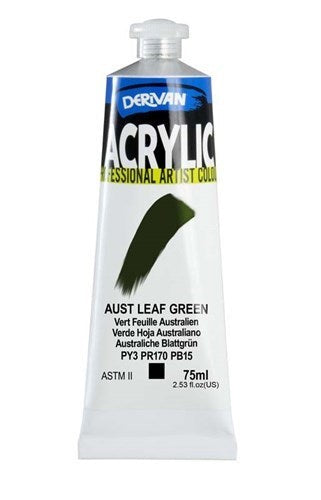 A 75ml tube of Derivan Acrylic Paint in Aust Leaf Green, ideal for vibrant, nature-inspired art projects.