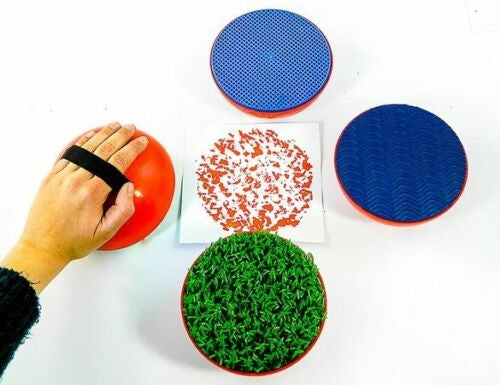 Colorful giant palm stampers with textured patterns for kids, featuring an easy-hold strap for creative art activities.