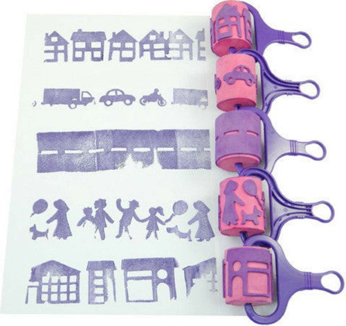 Set of 5 town-themed foam painting rollers for kids, 6.5 cm wide, safe and easy to use for creative art projects.