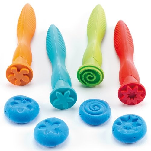 Colorful set of 4 soft grip pattern stampers for kids, ideal for creative projects with dough, paint, and clay.