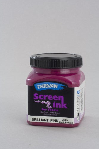 Vibrant 250ml bottle of Derivan Brilliant Pink Screen Ink for safe, non-toxic fabric printing and tie dyeing projects.